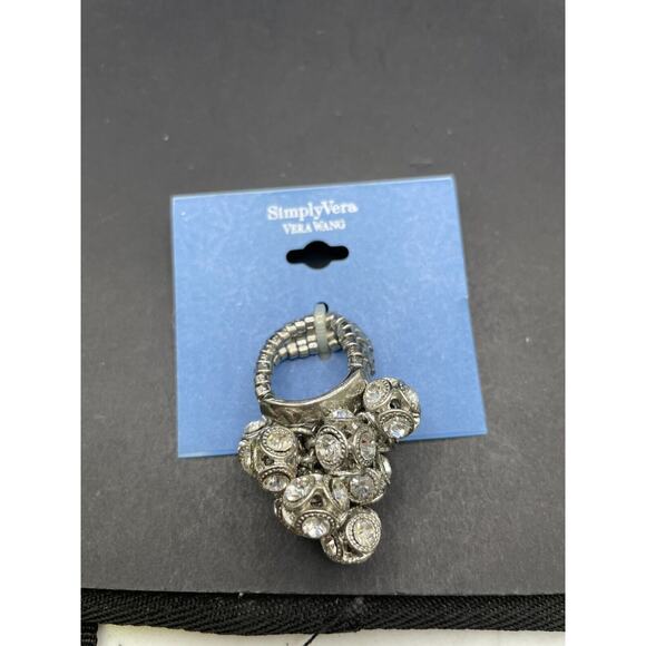 SimplyVera VERA WANG Silver Tone Dangling Clear Crystal Stretch Ring New - Picture 1 of 7
